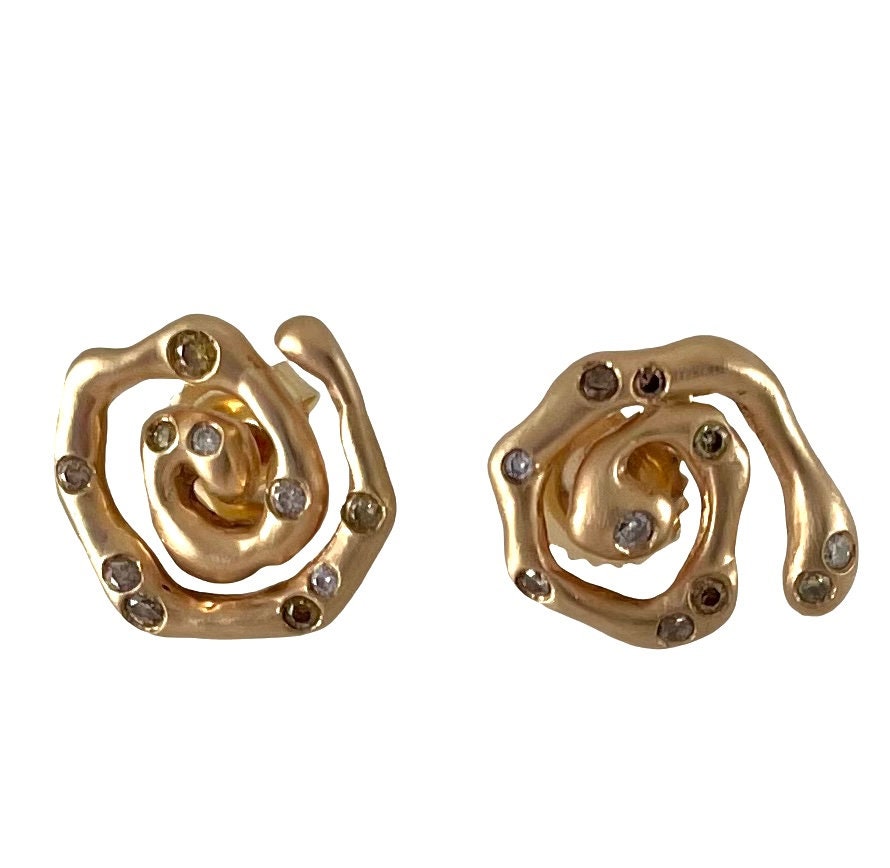 Alternate view 6 of Mismatched Gold Swirl Stud Earrings with Cognac Diamonds — Hand carved and solid cast swirl earring cast