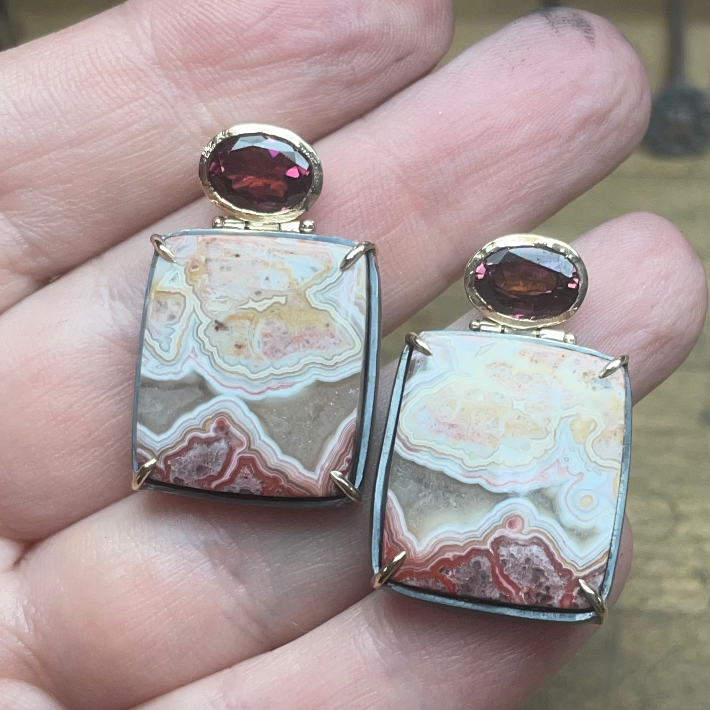Lace Agate & Tourmaline Gold Earrings