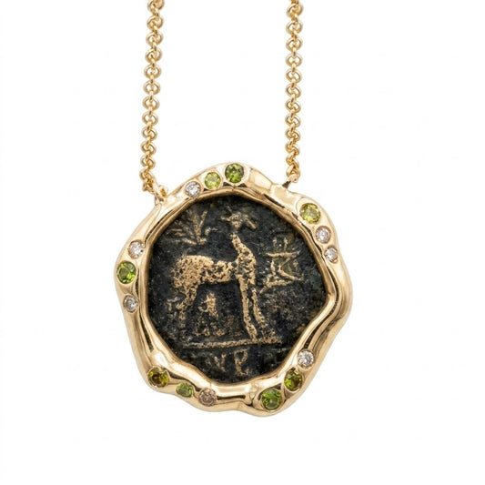 Ancient Greek Coin and Fancy Colored Diamonds Gold Necklace