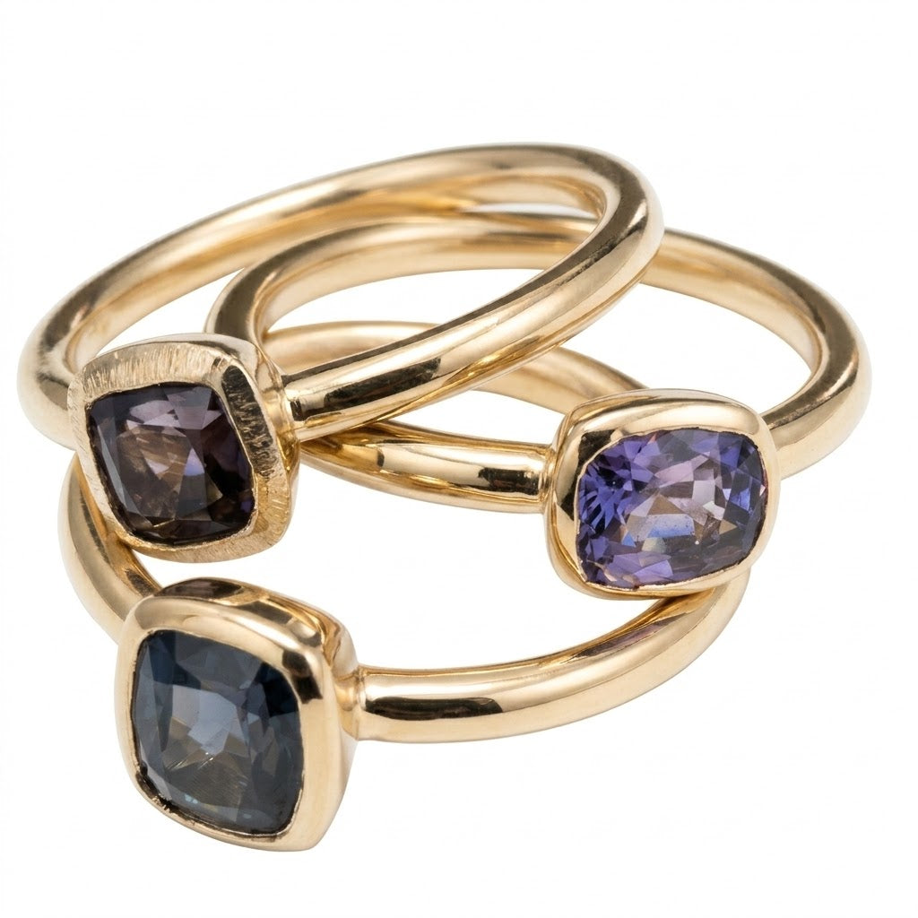 Detail view of Spinel Gold Stacking Rings — A set of three stacking rings, each can be worn individually