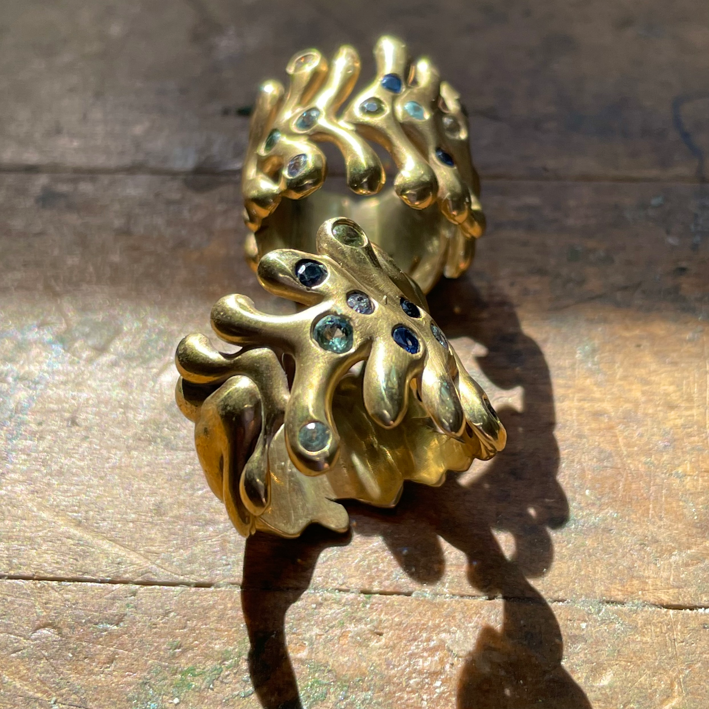 Bronze "Molten" Ring with Montana and Mixed-color Sapphires