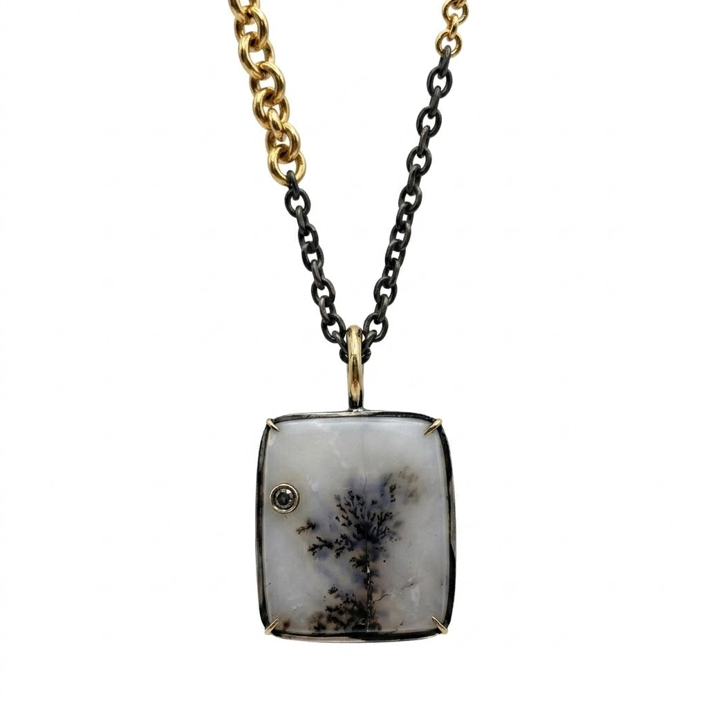Dendric Agate and Sapphire Accent Mixed Metal Necklace