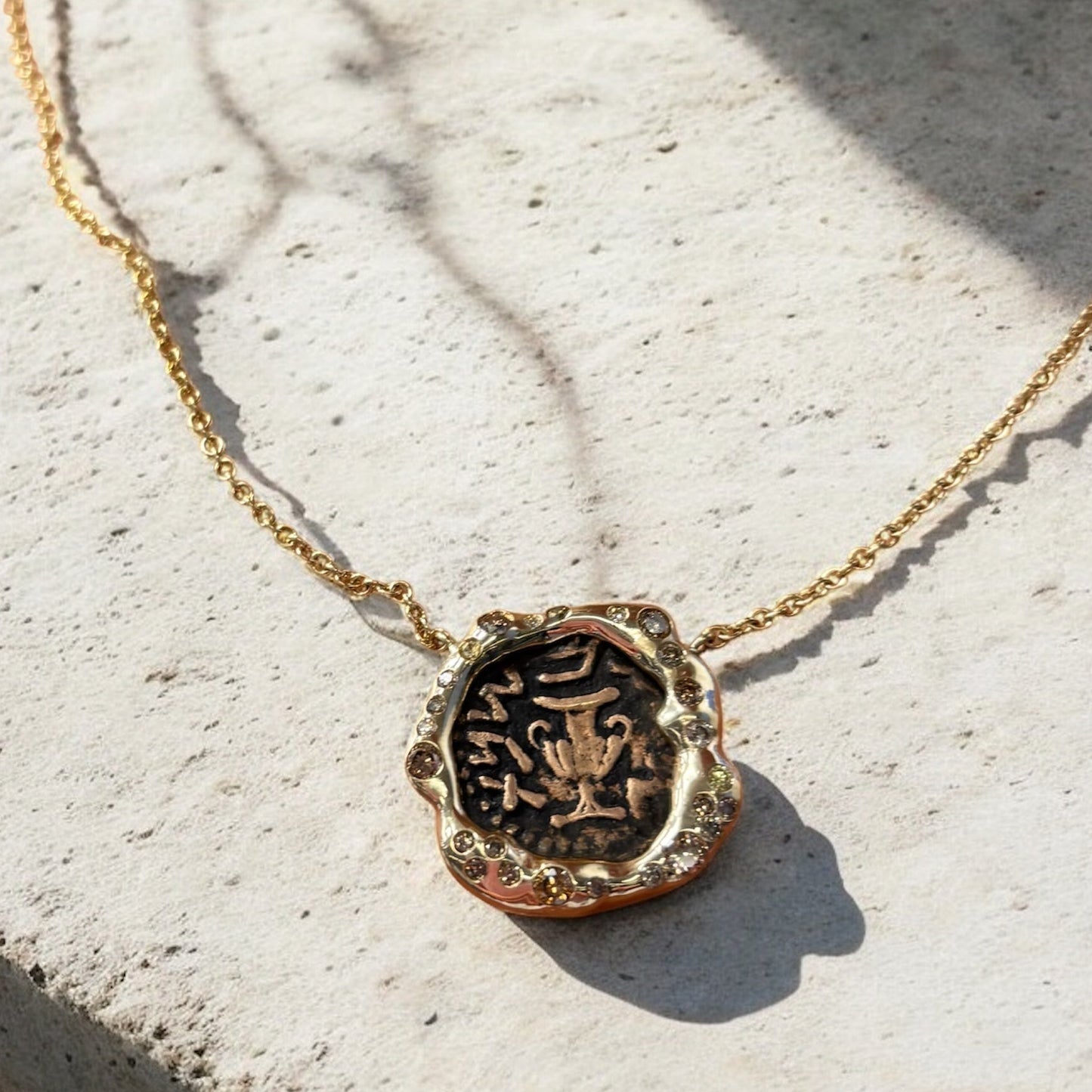 Greek "Bee and Stag" Coin Gold Necklace with Cognac Diamonds