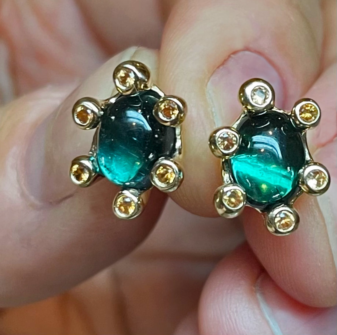Green-blue Tourmaline & Pink Sapphire Gold Stud Earrings