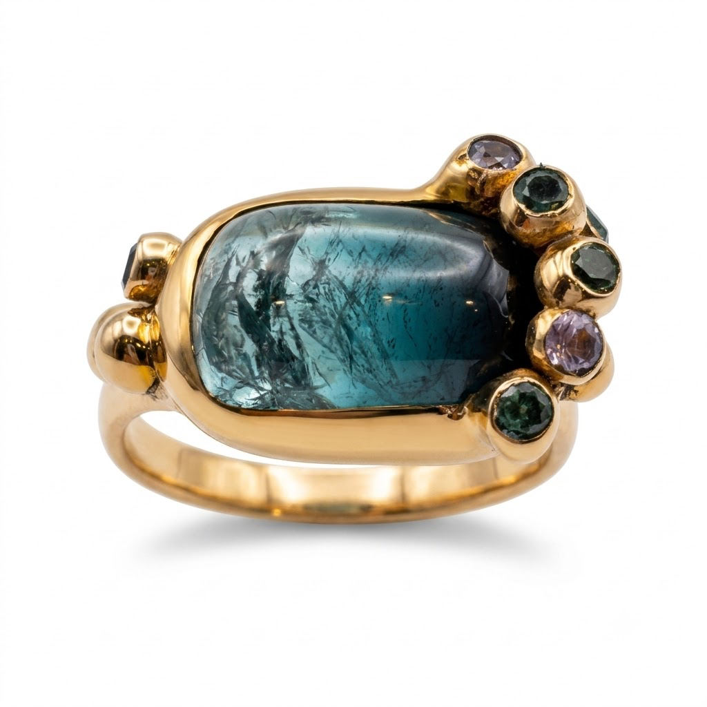 Another view of Blue Tourmaline and Sapphire Ring in Bronze — Ombre blue tourmaline cabochon is set in hand-carved and solid cast bronzesetting with fancy colored accenct sapphires