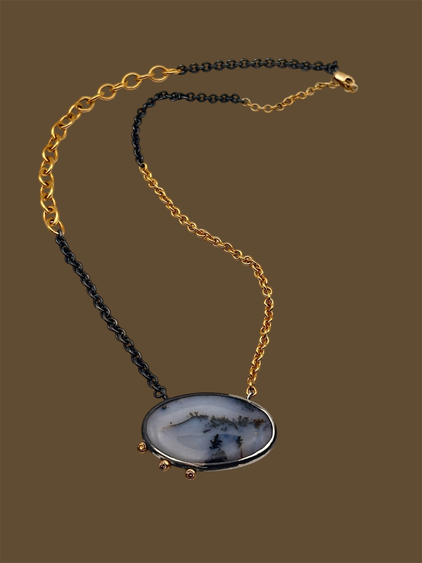 Alternate view 6 of Dendric Agate Mixed Metal Necklace with Brown Diamond Accents — One-of-a-kind oval shaped Dendric Agate