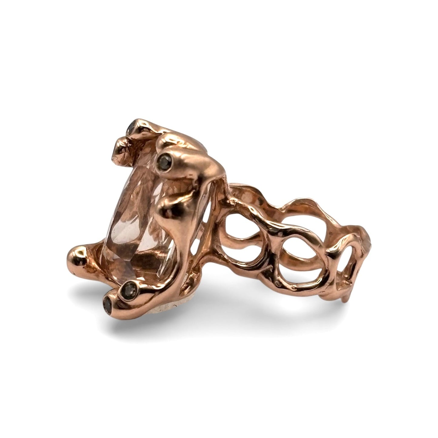 Alternate view 6 of Morganite and Brown Diamonds Rose Gold Cast Ring — Elongated Morganite cushion is set in solid cast 14K rose gold setting with accent brown and cognac diamonds