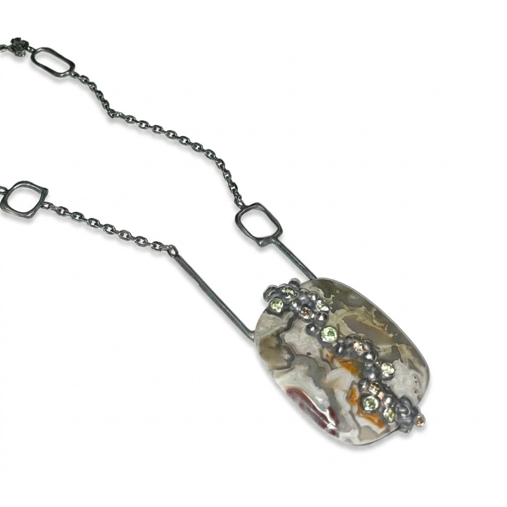 Crazy Lace Agate, Sapphire & Diamond Pendant