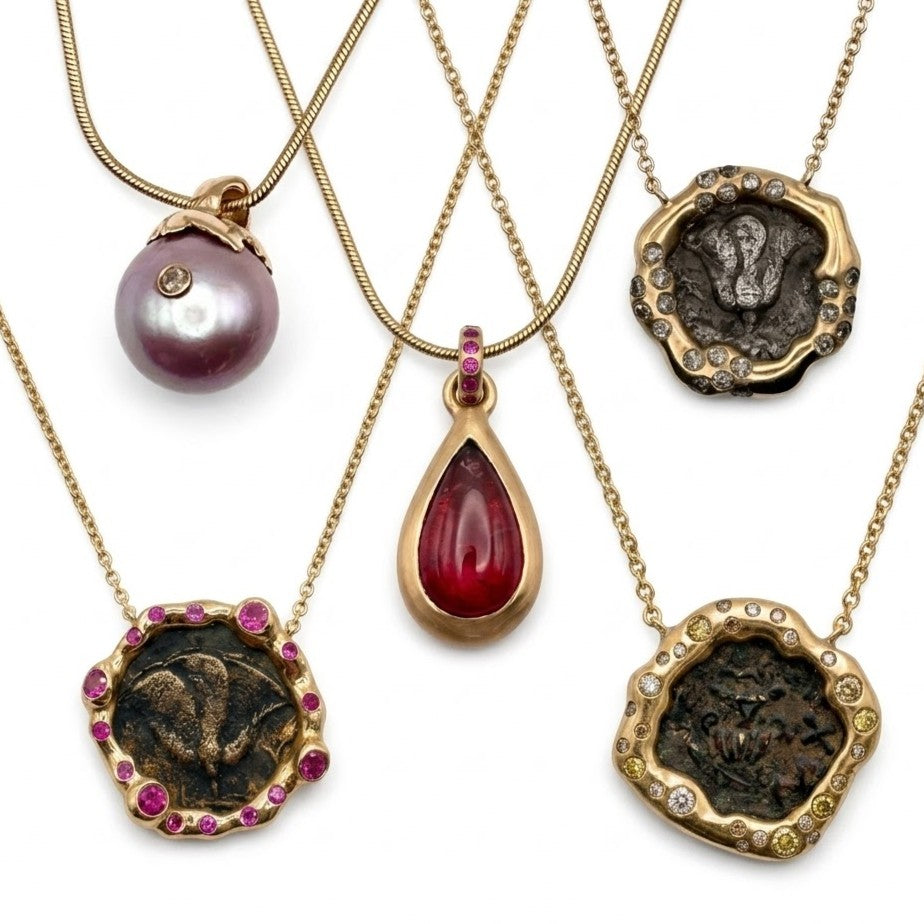 Another view of Greek "Rose" Coin Gold Necklace with Pink Sapphires — An authentic Greek "Rose" bronze coin from the Isle of