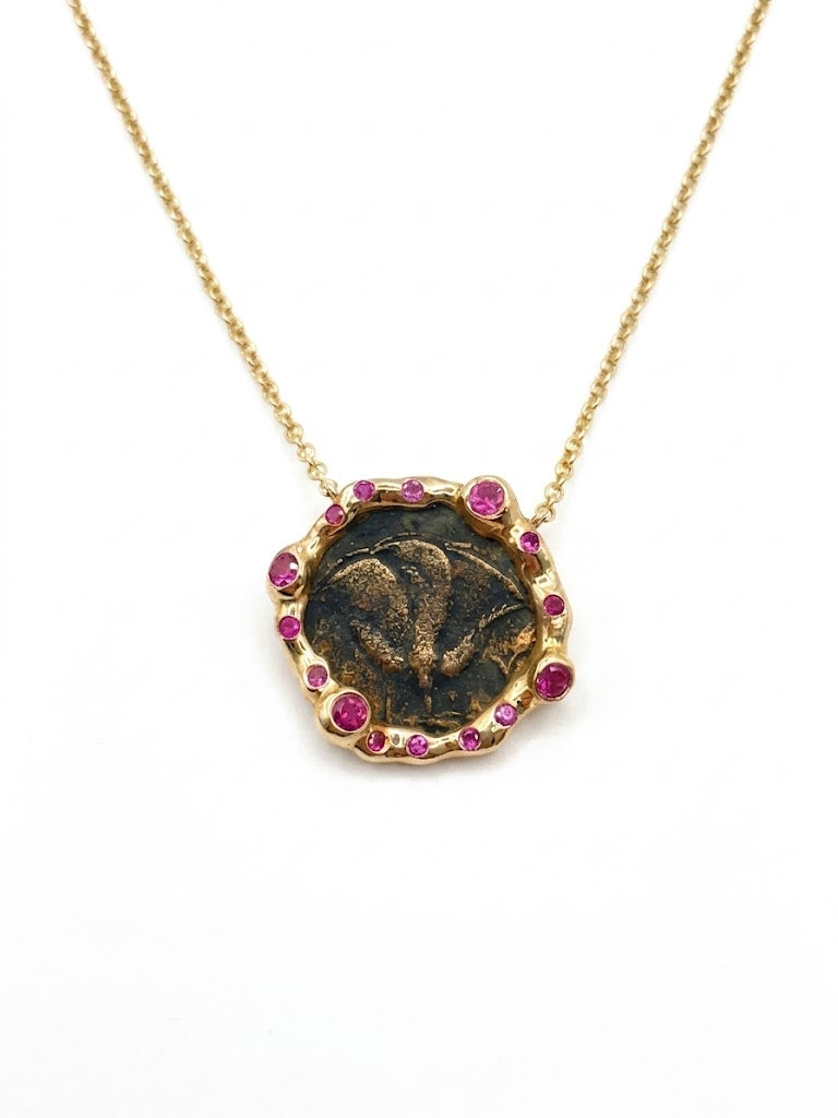 Ancient Greek Silver "Rose" Coin Gold Necklace with Salt and Pepper Diamonds
