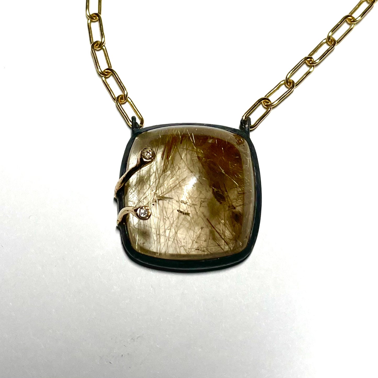 Rutilated Quartz and Brown Diamond Mixed Metal Necklace