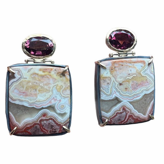 Lace Agate & Tourmaline Silver Earrings