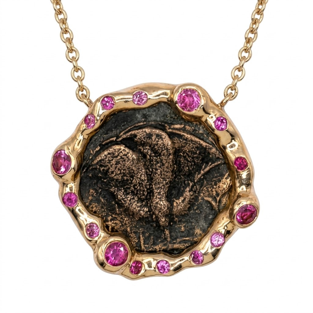 Ancient Greek Bronze "Rose" Coin Gold Necklace with Vivid Pink Sapphires