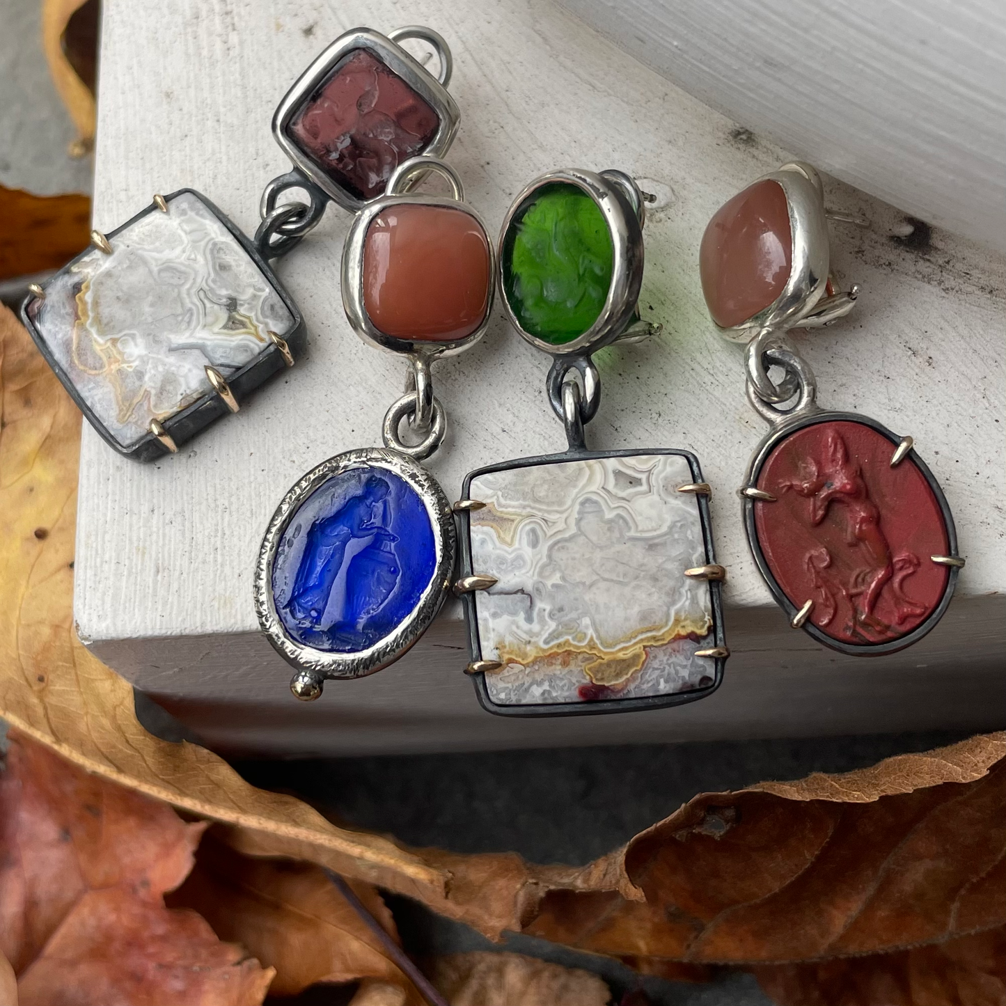 Lace Agate & Intaglio Silver Earrings