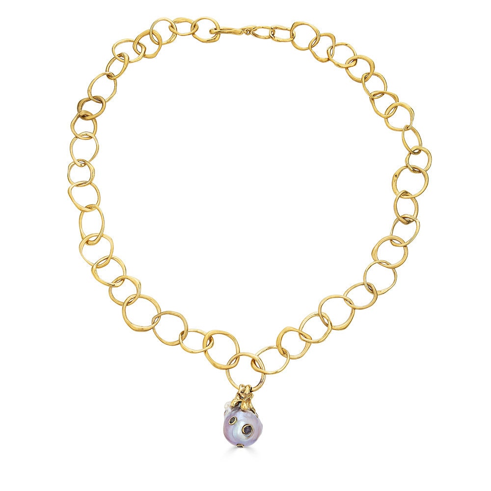 Rustic Chunky Chain with Baroque Pearl and Sapphire Pendant — Han-crafted and hand-finished, one chain link at a time, the