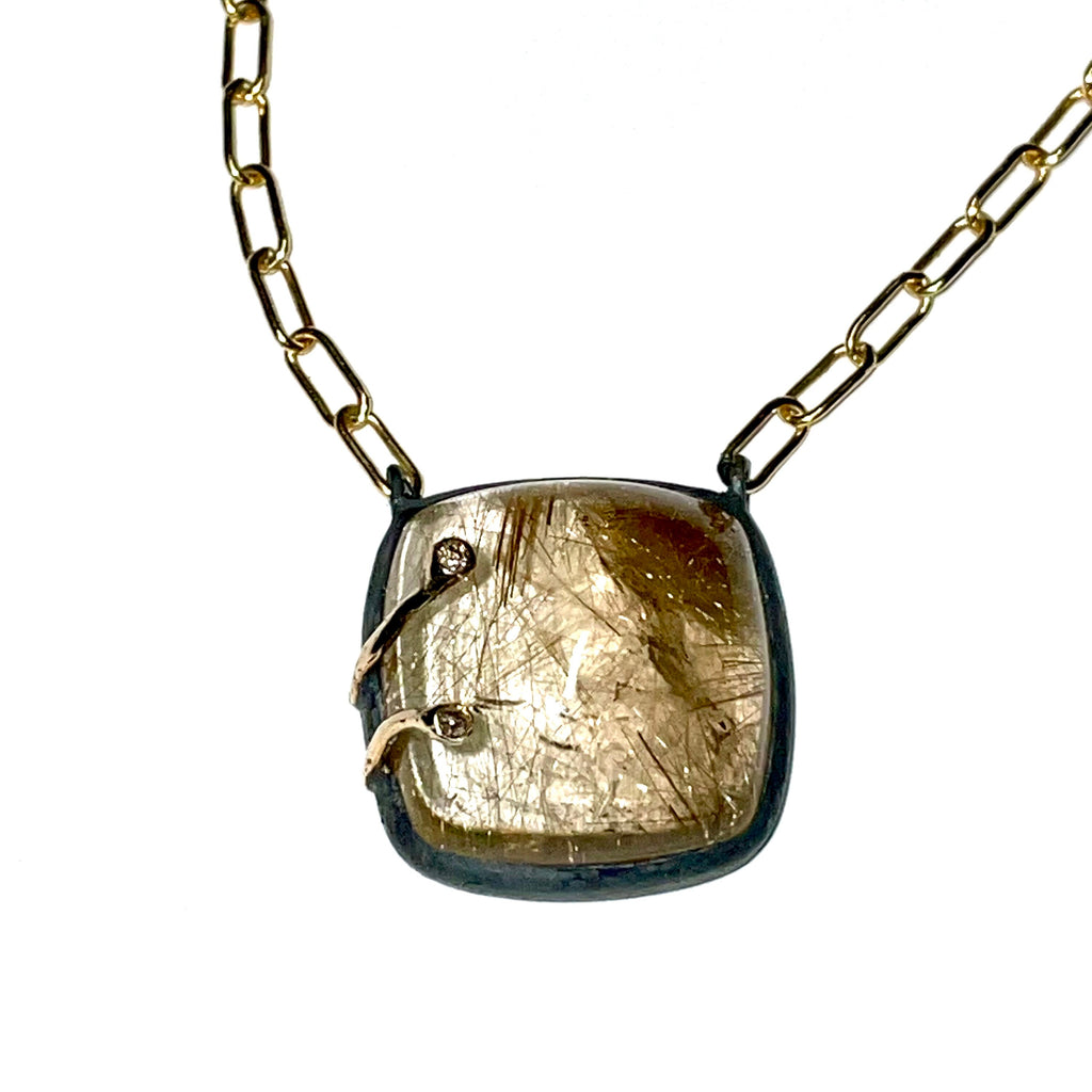 Rutilated Quartz &amp; Brown Diamond Paperclip Chain Pendant
