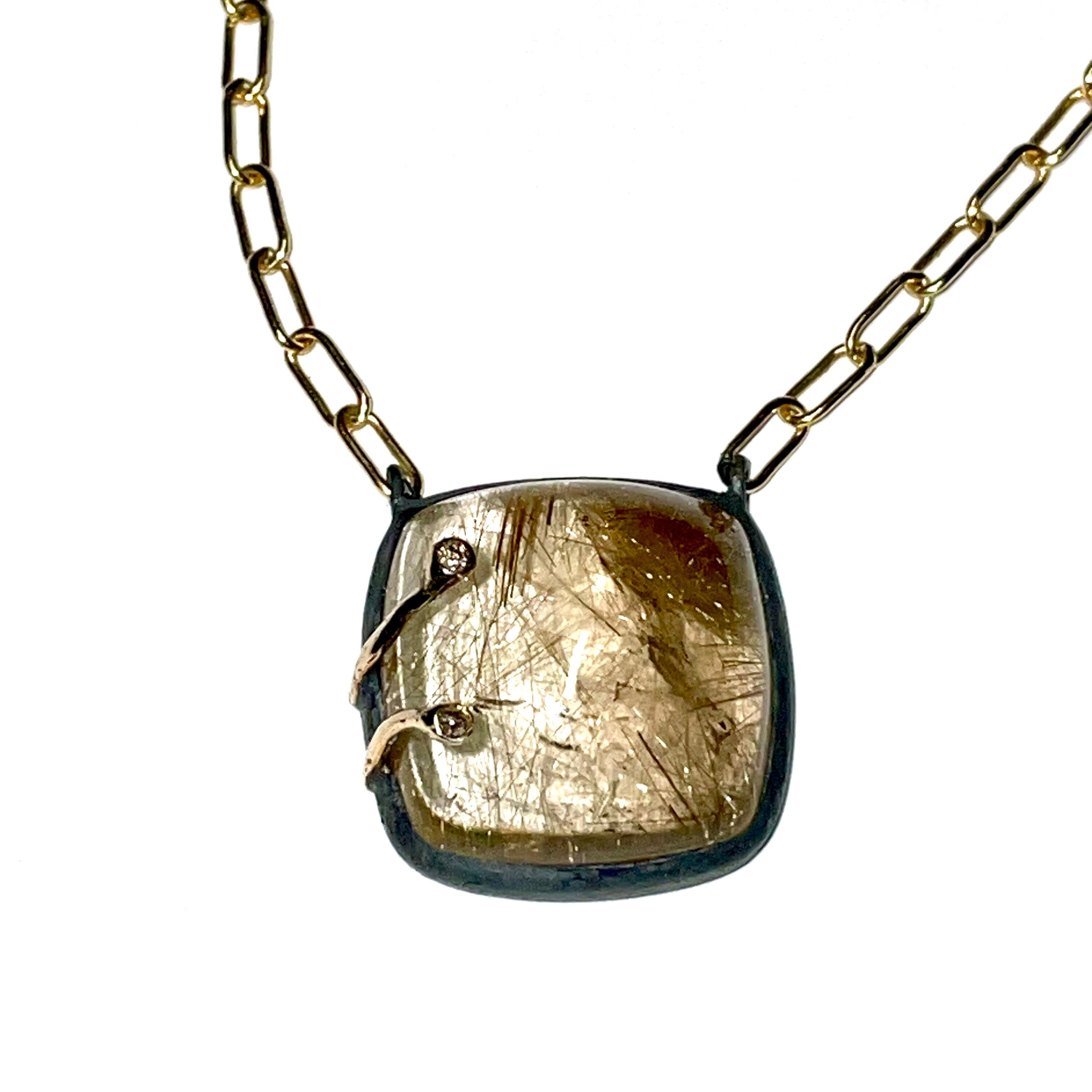 Rutilated Quartz &amp; Brown Diamond Paperclip Chain Pendant
