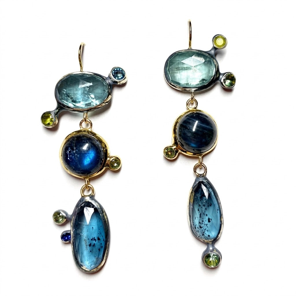 Mismatched Asymmetric Dangle Earrings with Kyanites, Labradorites and Sapphires