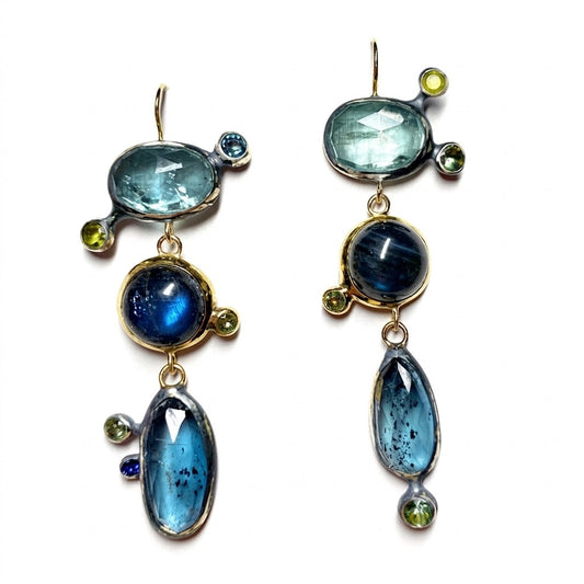 Mismatched Asymmetric Dangle Earrings with Kyanites, Labradorites and Sapphires