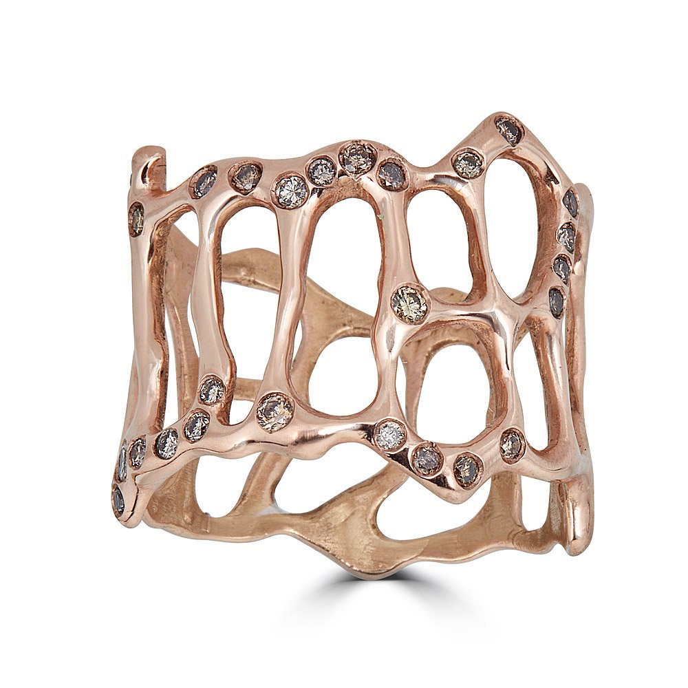 Rose gold and champagne diamonds "molten" ring — one-of-a-kind 14k rose gold ring, hand carved in wax and cast as a solid one