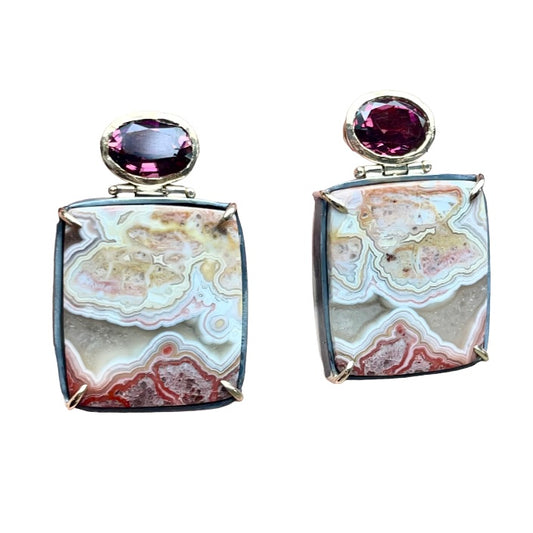 Lace Agate & Tourmaline Gold Earrings