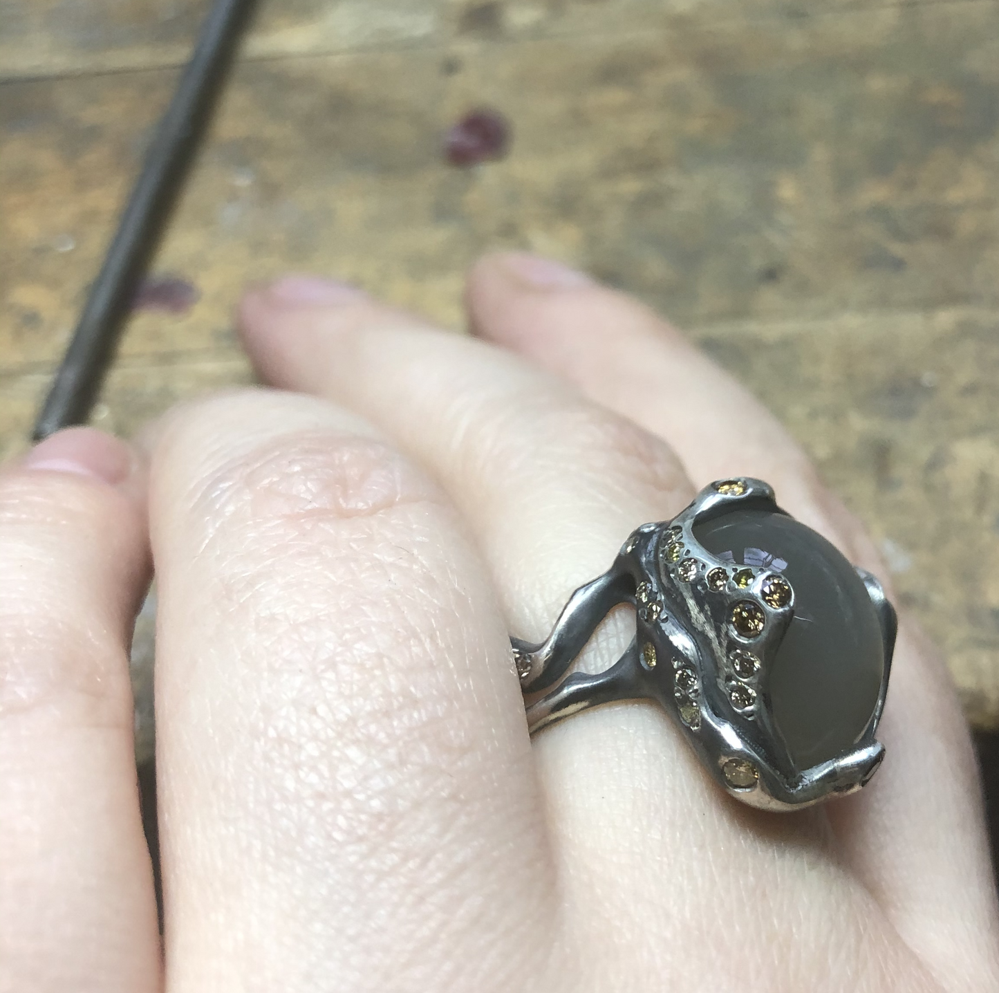 Moonstone & Brown Diamond Silver Ring