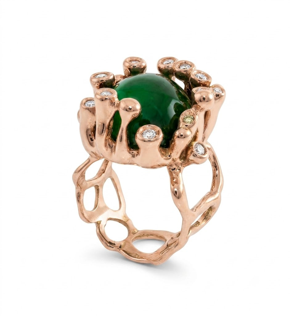 Green Tourmaline Rose Gold Ring with Cognac Diamonds