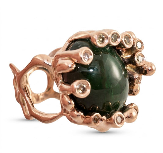 Green Tourmaline Rose Gold Ring with Cognac Diamonds