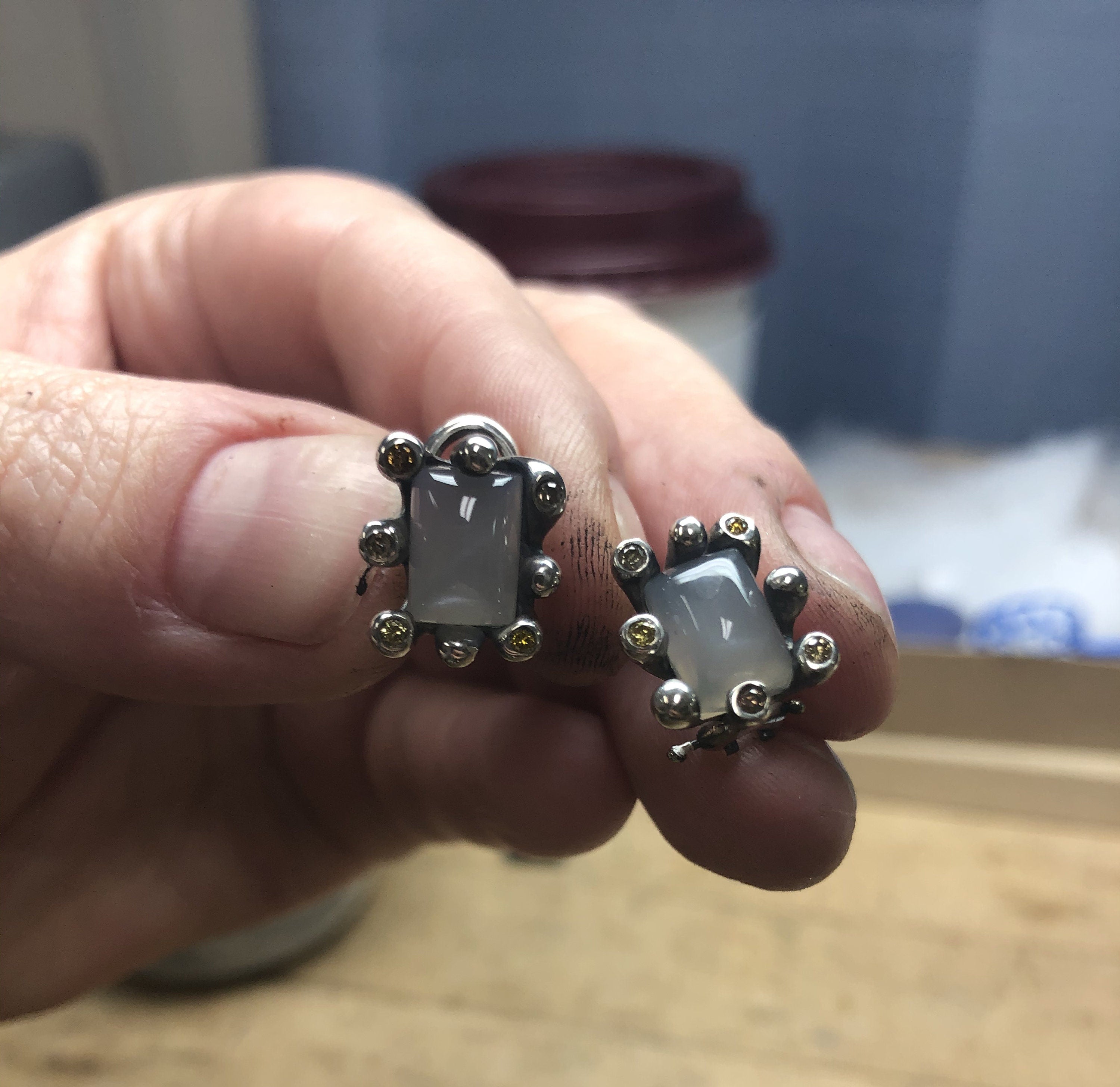 Grey Moonstone and Diamonds Silver Earrings