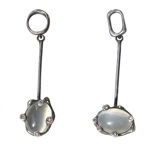 Moonstone & Brown Diamond Dangle Silver Earrings