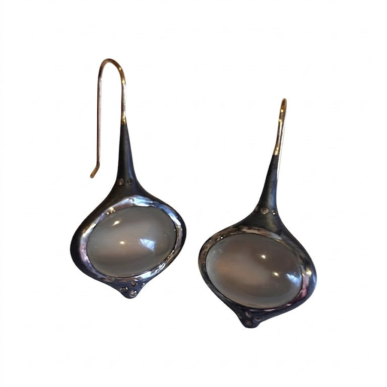 Alternate view of Grey Oval Moonstone Earrings with Brown Diamond Accents — Oval grey Moonstone cabochons are set in silver, featuring 14k gold affixed earwire, brown diamond accents on top and bottom