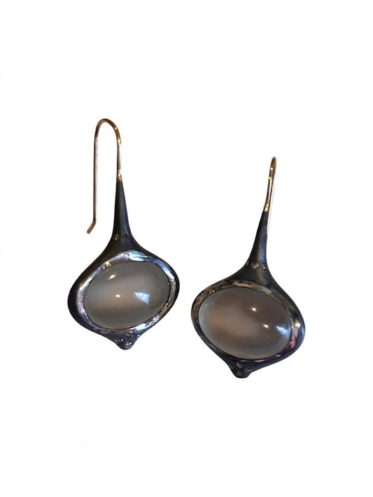 Grey Oval Moonstone Earrings with Brown Diamond Accents