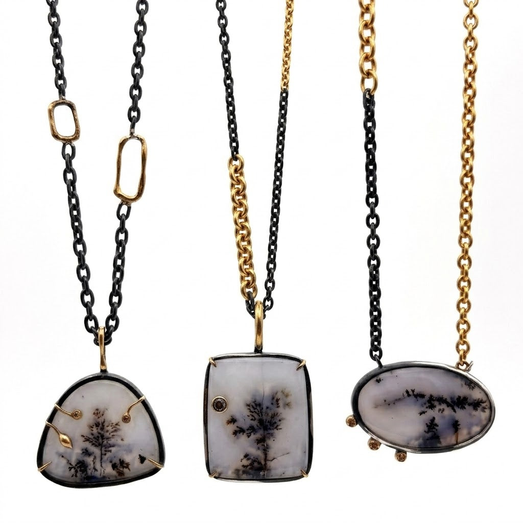 Detail view of Dendric Agate Mixed Metal Necklace with Brown Diamond Accents — One-of-a-kind oval shaped Dendric Agate, also