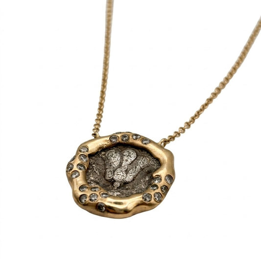 Ancient Greek Silver "Rose" Coin Gold Necklace with Salt and Pepper Diamonds