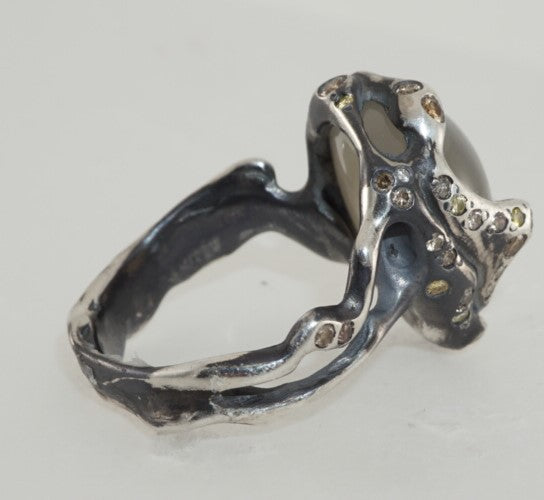 Moonstone & Brown Diamond Silver Ring
