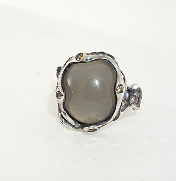 Moonstone & Brown Diamond Silver Ring