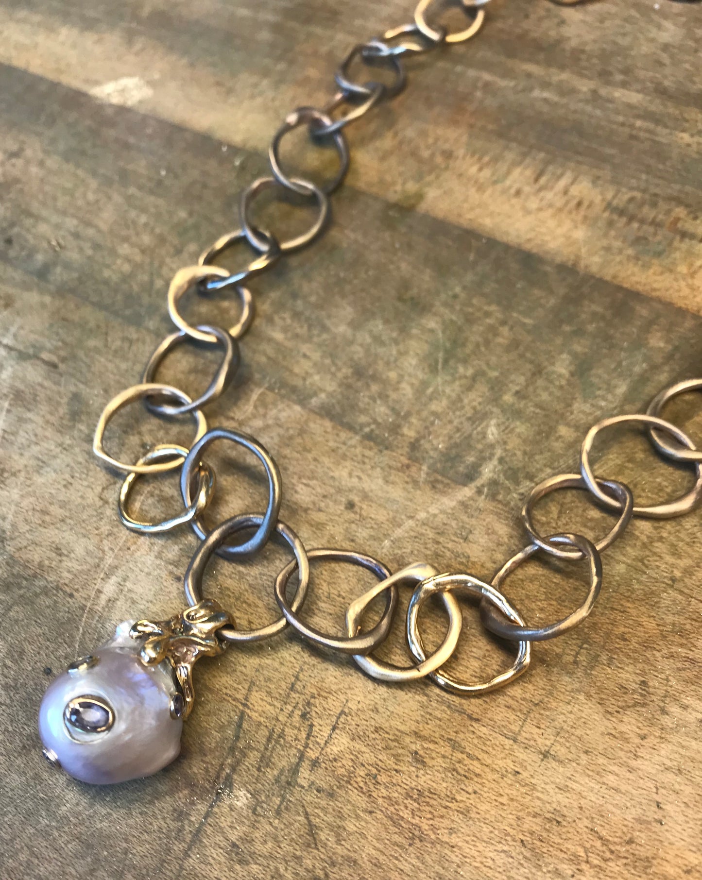 Rustic Chunky Chain with Baroque Pearl and Sapphire Pendant