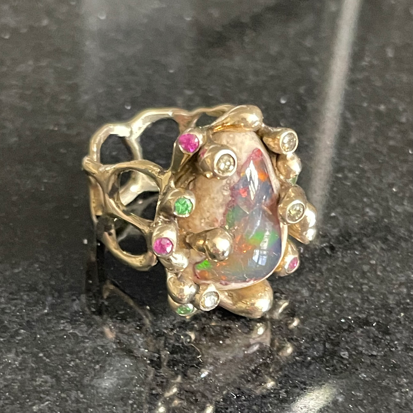 Mexican Galaxy Opal & Sapphire Silver Ring