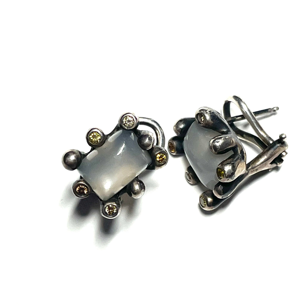 Grey Moonstone and Diamonds Silver Earrings