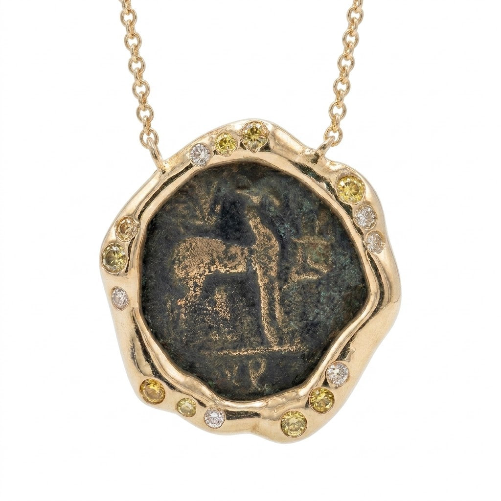 Ancient Greek Bronze "Rose" Coin Gold Necklace with Vivid Pink Sapphires