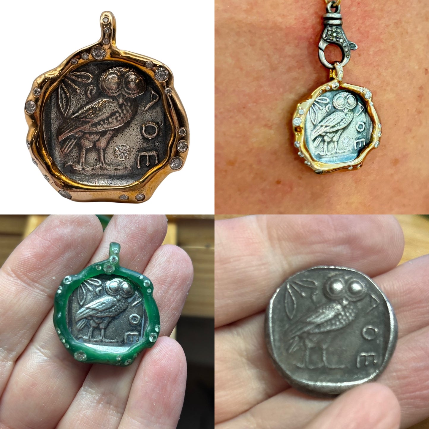 Silver Owl Coin Pendant in Bronze with Diamonds