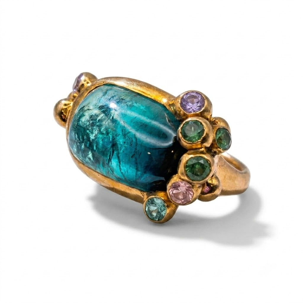 Blue Tourmaline and Sapphire Ring in Bronze