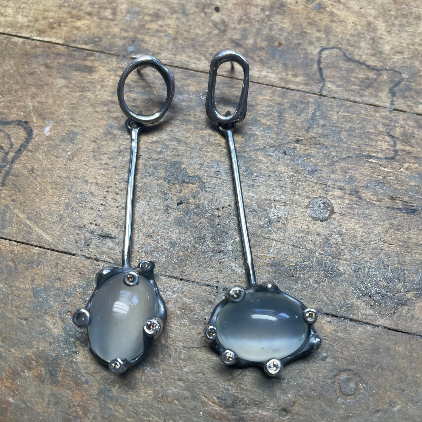 Moonstone & Brown Diamond Dangle Silver Earrings