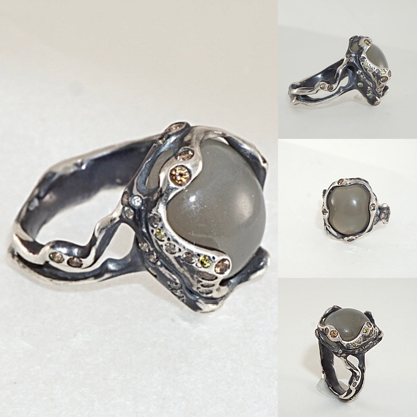 Moonstone & Brown Diamond Silver Ring