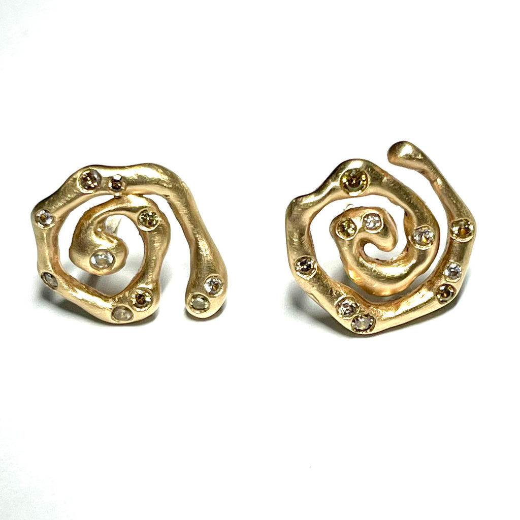 Gold Swirl Mismatched Stud Earrings with Cognac Diamonds