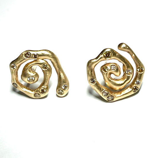 Gold Swirl Mismatched Stud Earrings with Cognac Diamonds