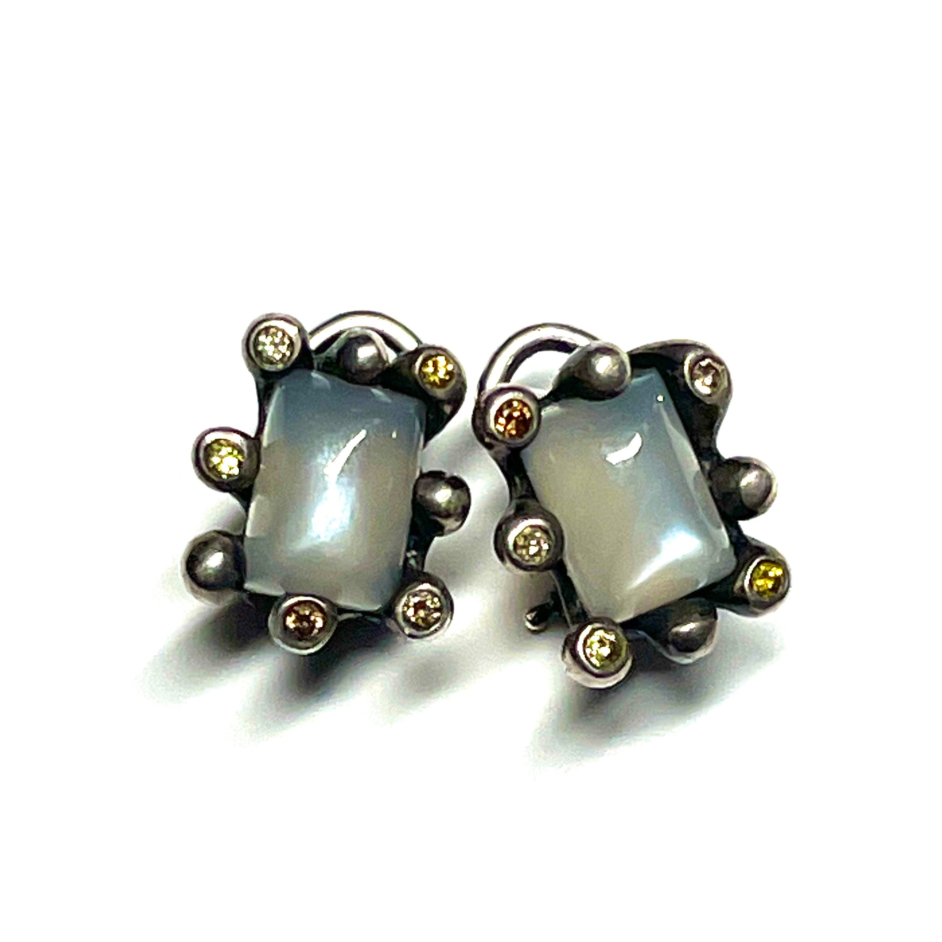 Grey Moonstone and Diamonds Silver Earrings