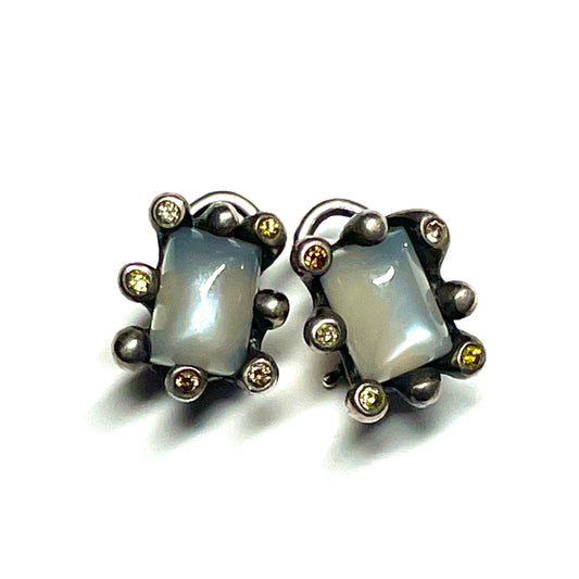 Grey Moonstone and Diamonds Silver Earrings