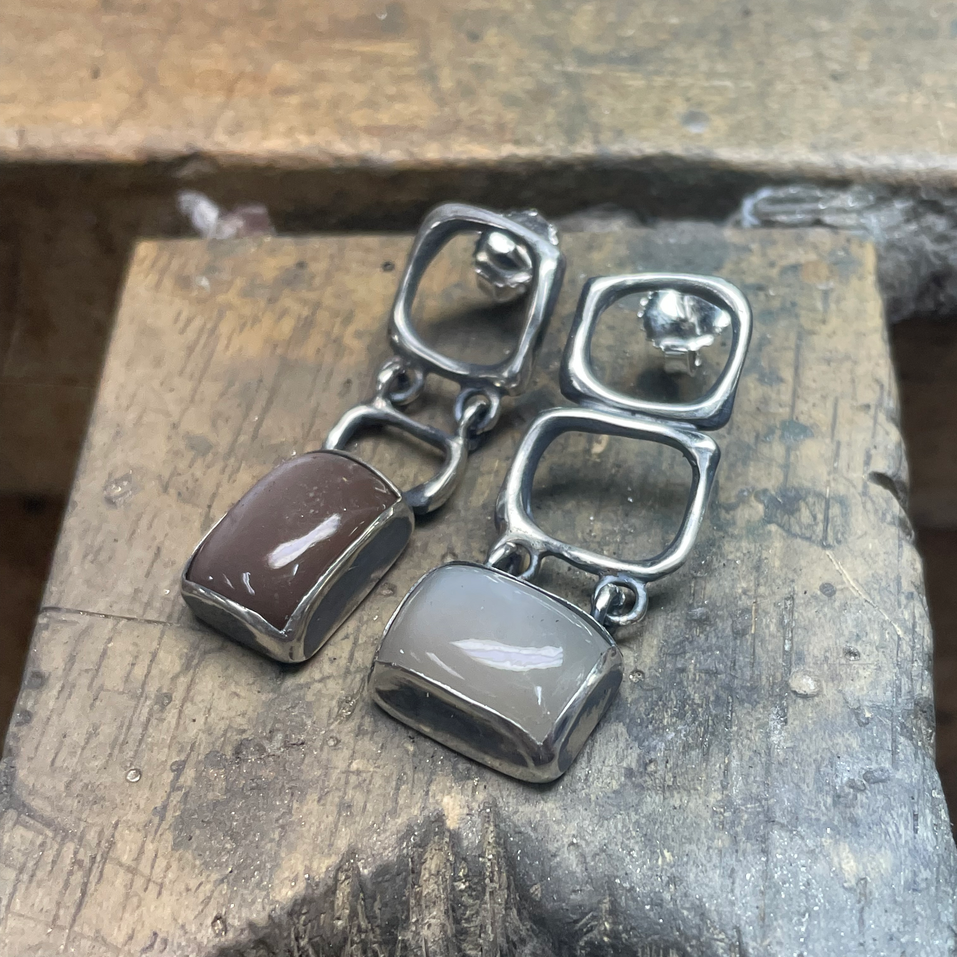 Pair of moonstone silver earrings just off the bench