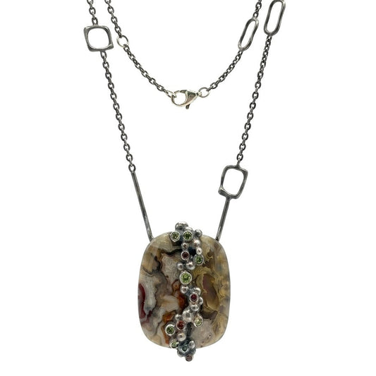 Crazy Lace Agate, Sapphire & Diamond Pendant